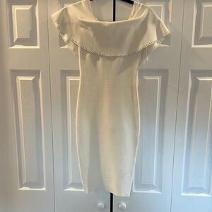 Marciano Cream Off-Shoulder Ruffle Yoke Mini Dress